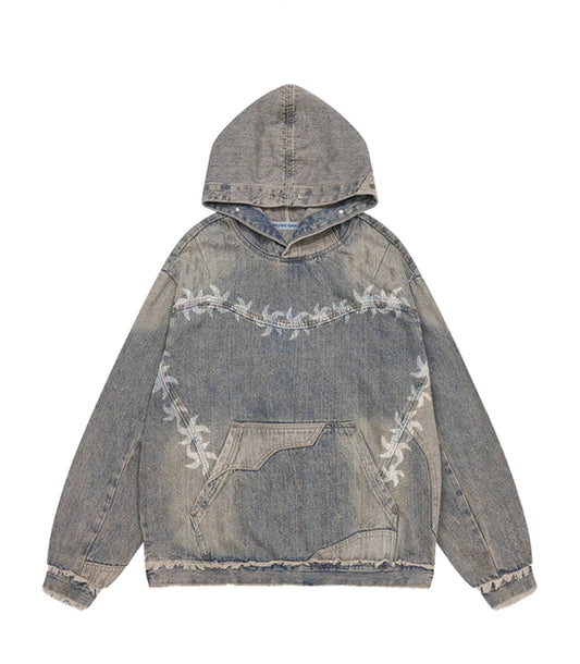 (728) Washed Distressed Fuzzy Denim Hoodie